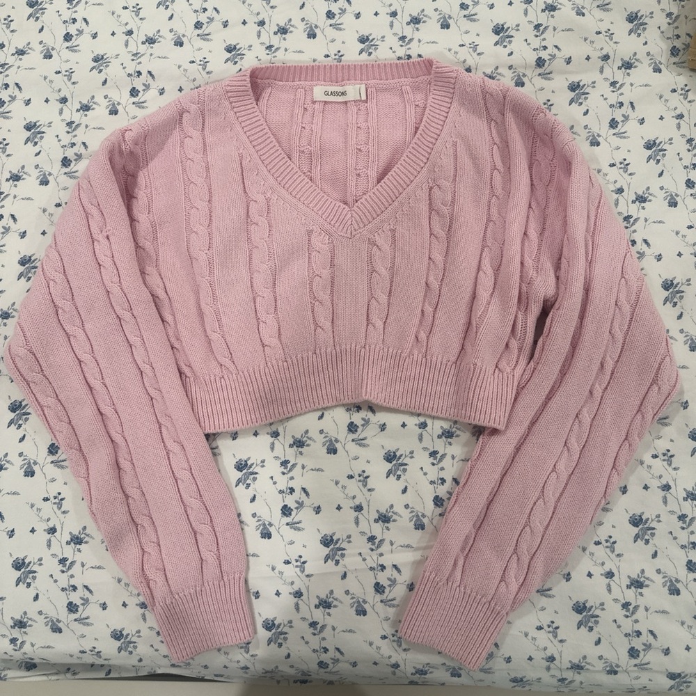 Glassons Pink V-Neck Cable Knit Sweater